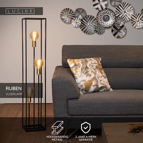 Lucide RUBEN - Vloerlamp - 3xE27 - Zwart - USP
